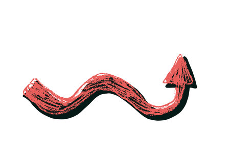 Curved arrow crayon drawing. Neo brutalist doodle style. Red pointer for collage isolated on white...