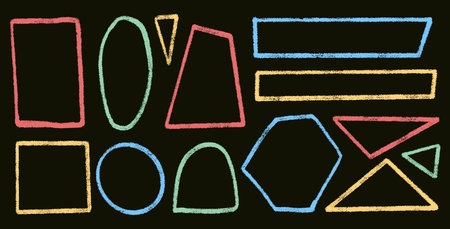 Brush stroke kids geometric shapes set. Text boxes paint textured thin line frames pack. Rounded and square childish borders figures. Vector hand drawn quotation stickers. Triangle grunge callout.のイラスト素材