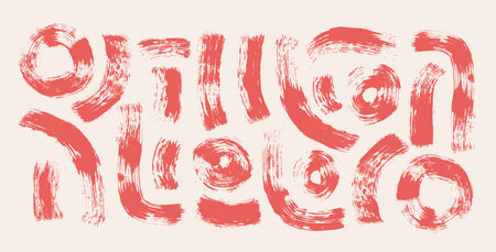 Brush stroke squiggle and circles ink lines. Vector hand drawn wave round paint shapes composition. Abstract red curve freehand graphic elements. Scribble paintbrush wobble wavy grunge illustration.のイラスト素材