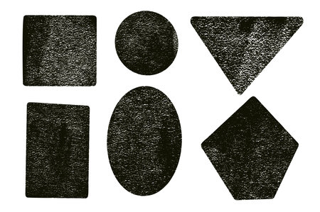 Ink rolled geometric shapes with noise set. Text boxes grainy textured frames pack. Pentagon, triangle, circle and square figures. Vector hand drawn quotation stickers shapes. Flat grunge figures.のイラスト素材