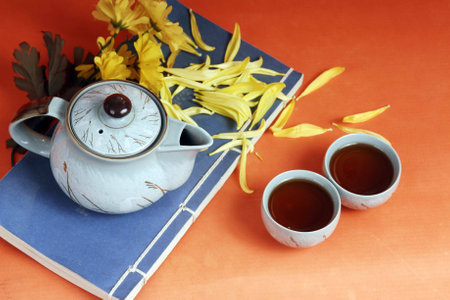 Teapot on the bookの写真素材