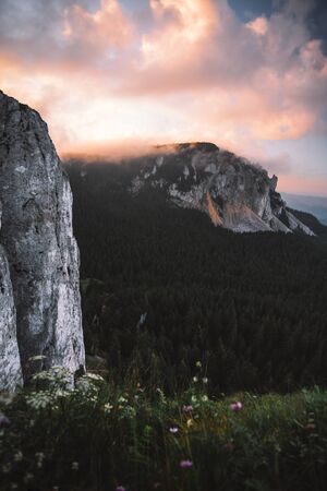 Colorful summer sunrise landscape, fantastic morning dawn in Carpathian mountains at Hasmas,Romaniaの写真素材