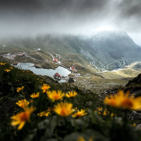 Epic view of Balea glacier lake, panoramic view,foggy mountains,in Transfagarasan,Romaniaの写真素材