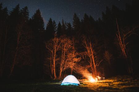 Tent and campfire under the stars in the forest.Travel,Weekend activities conceptの写真素材