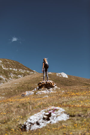 A young woman stands on a rock in the middle of a meadow.