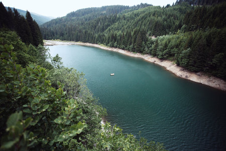 Lake in the Carpathian Mountains, Romania. View from above.の写真素材
