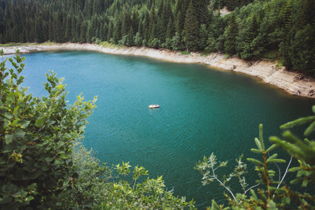 Beautiful mountain lake in the middle of a coniferous forestの写真素材