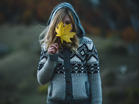 Young woman in sweater and scarf holding yellow maple leaf in autumn parkの写真素材