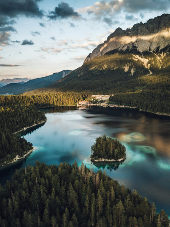 Aerial view of beautiful lake and mountains.の写真素材