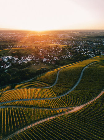 Aerial view of rows of vineyards in Germany at sunset.の写真素材