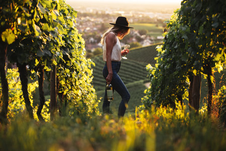 Young caucasian woman standing in the vineyard and posing with a glass of white wine and bottle in hands at sunsetの写真素材