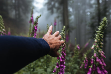 Man's hand pointing at purple foxglove flowers in the mistの写真素材