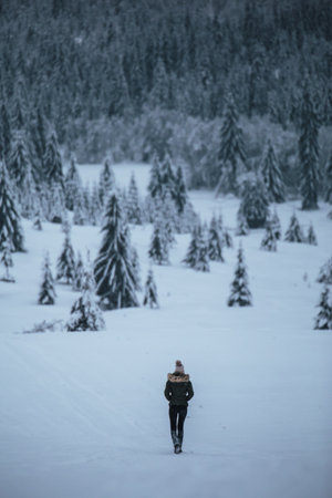 A woman walking in the snow in the mountains. Winter landscape.の写真素材