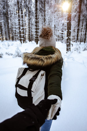 Couple in love holding hands in winter forest, back view.