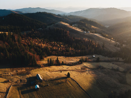Aerial view of beautiful sunset in the Carpathian mountains.