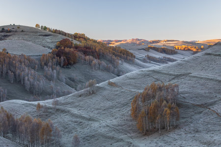 Sunrise the mountains. Autumn landscape. Dumesti,Romania.の写真素材
