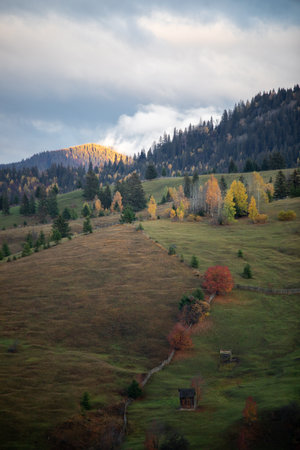Beautiful autumn landscape in the mountains at sunriseの写真素材