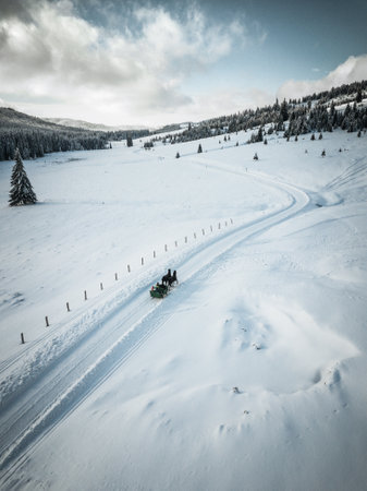 Sledding in the Carpathian Mountains in winter, Comandau,Transylvania. Aerial photo.の写真素材
