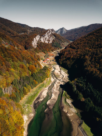 Aerial view of river in autumn forest. Mountain river in the forest.の写真素材