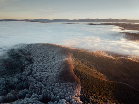 Aerial view of foggy winter morning in Carpathian mountainsの写真素材