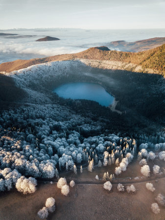 Aerial view of beautiful winter landscape with lake in the forest.の写真素材