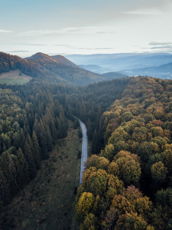 Aerial view of autumn mountain landscape with road and forest in Polandの写真素材
