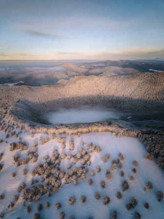 Aerial view of beautiful winter landscape with snow covered trees in the mountainsの写真素材