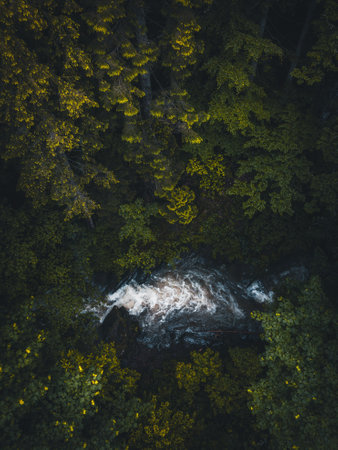 Aerial drone view of a waterfall in the middle of a forestの写真素材
