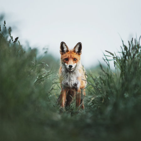 Red fox in the grass. Wild animal in natural habitat. Wildlife scene from nature.