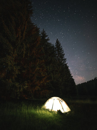 Night camping in the forest with a tent and a starry skyの写真素材