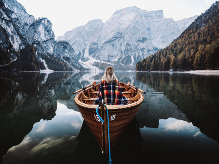 A young woman in a plaid shirt is sitting in a wooden boat on the shore of lake Braies, Italy. Autumn travel concept.の写真素材