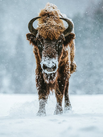Bison in snowfall. Wild animal in winter forest. Wildlife scene.の写真素材