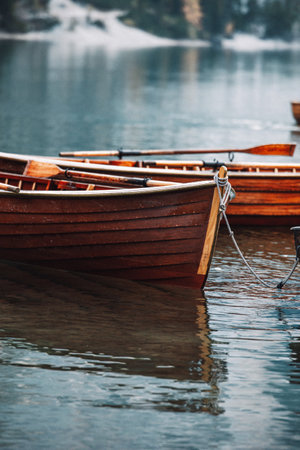 wooden boats on the lake at sunset. selective focus. natureの写真素材