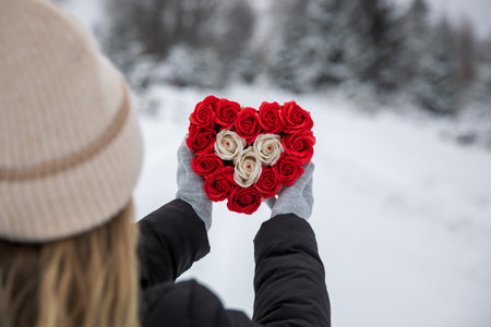 Young woman holding a bouquet of red and white roses in the shape of a heart in the winter  forest. Valentine's Day concept.の写真素材