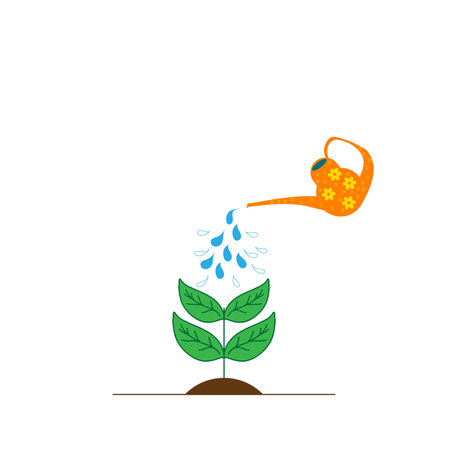 The plant is watered from a watering can. White background. Vector illustration in flat styleのイラスト素材