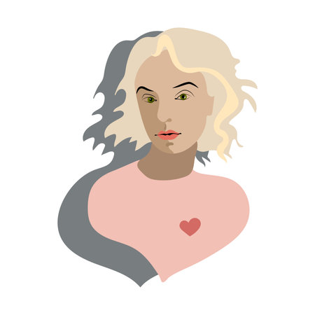 Vector illustration of a womanâs portrait with green eyes, wavy blonde hair, and a red heart on her chest. Stylish minimalist design in soft pastel tones on a white backgroundのイラスト素材