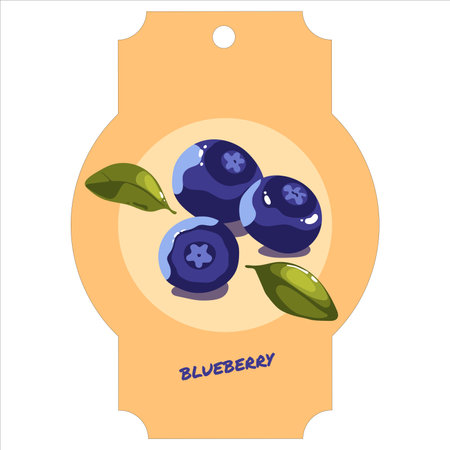Vector illustration of a label with the word âBlueberryâ and an image of three blueberries with small leavesのイラスト素材