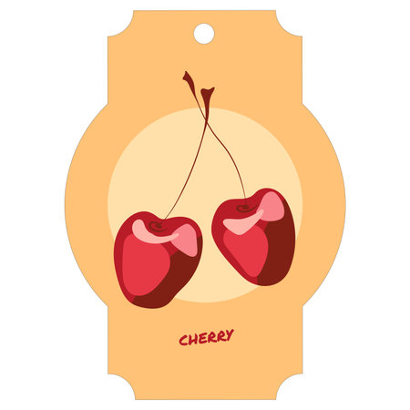 Vector illustration of an orange-and-cream label with the word âcherryâ and an image of two cherriesのイラスト素材