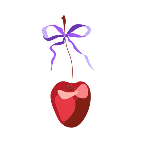 Vector illustration of a cherry with a purple bow in Coquette Aesthetic style on a white backgroundのイラスト素材