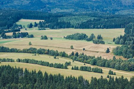 Forest top view from mountain. Poland landscape. Green meadow background. Farming fields panoramic view.の写真素材