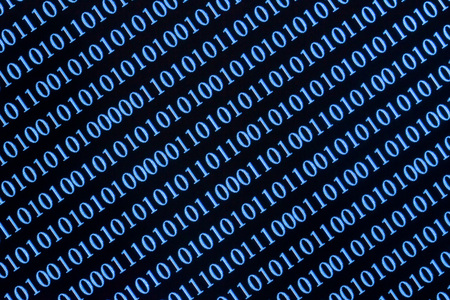 Numbers on computer screen. Binary code. Closeup photography with visible pixels.