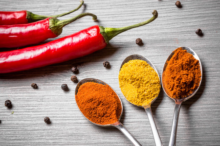 Color spices on old metal spoons.