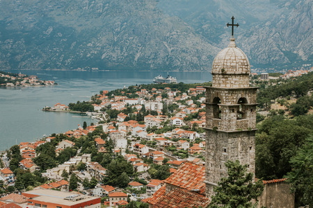 Kotor bay in Montenegro cityscape and landscape. Beautiful view from high hill next to the city. Old...