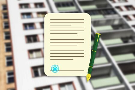 House buy contract. Block of flats apartment. Home rental agreement background. Signature graphic design. Real estate agent symbol.の写真素材