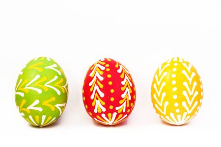 Handmade decoration easter eggs. Vibrant color painted chicken eggs for celebrating easter holiday....