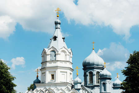 Eastern Orthodox church building. Roof domes architecture background. Christian religion cathedral....
