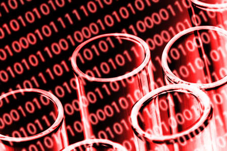 Covid-19 corona virus global crisis. Binary code computer screen virus. Laboratory test tube....