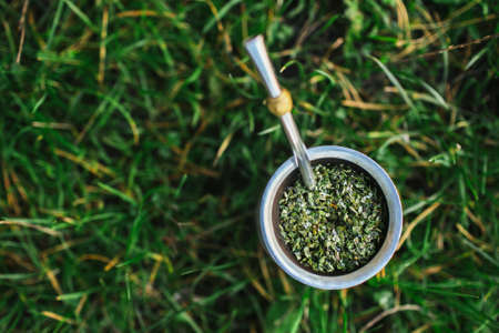 Yerba mate tea in metal silver bombilla on grass.の写真素材