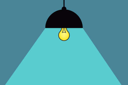 Lamp hanging from ceiling. Simple graphic background. Light ray illuminating the room. Light bulb shiny beam.の写真素材