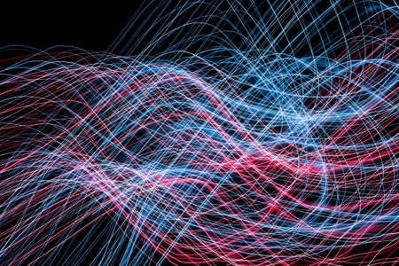 Sinusoidal wave chaos texture. Neon lights background. Motion lines texture. Long exposure moving...